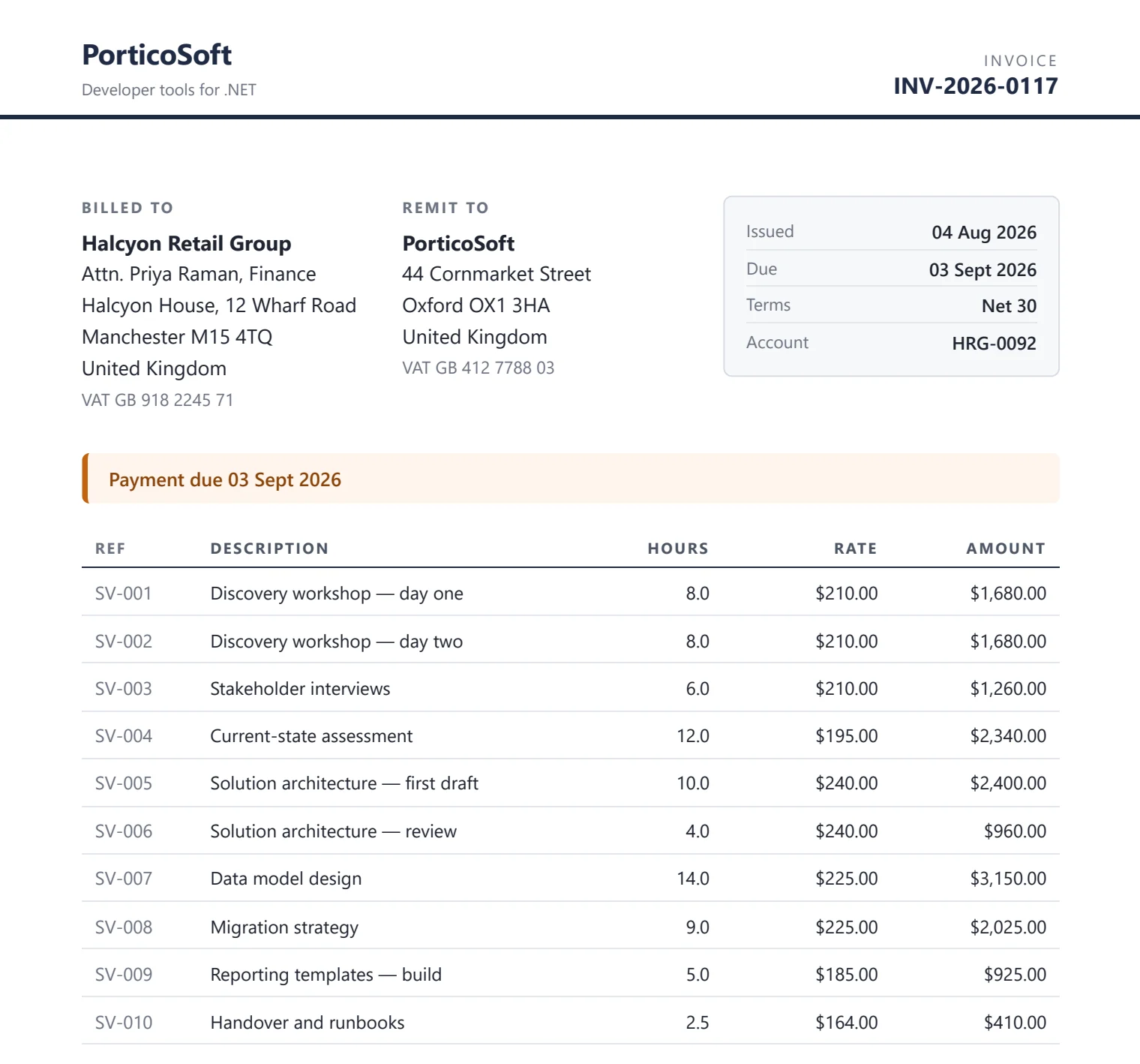 An A4 invoice generated by Paragon, with billing details, a line-item table and totals.